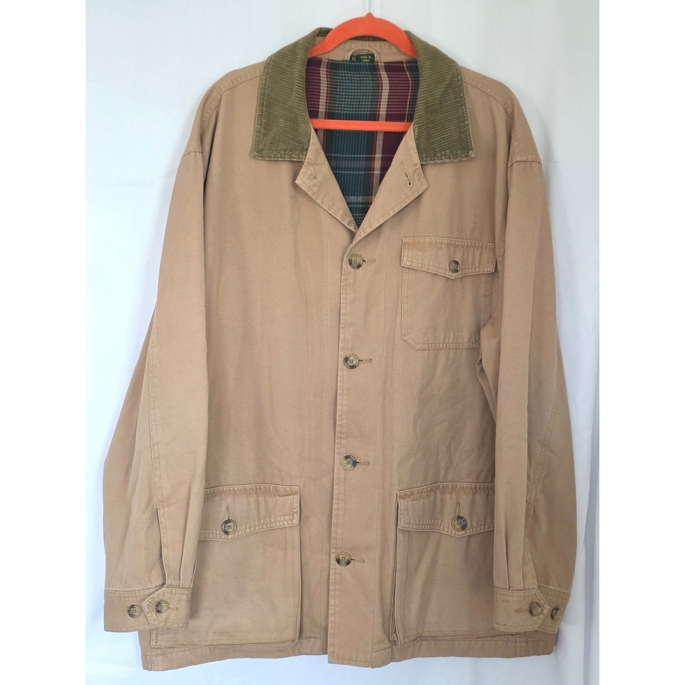 Club Room Men's XL Tan Cotton Canvas Barn Jacket Plaid Lined Corduroy Collar